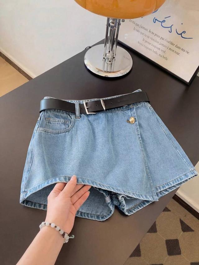 washed blue denim wrap skort shorts