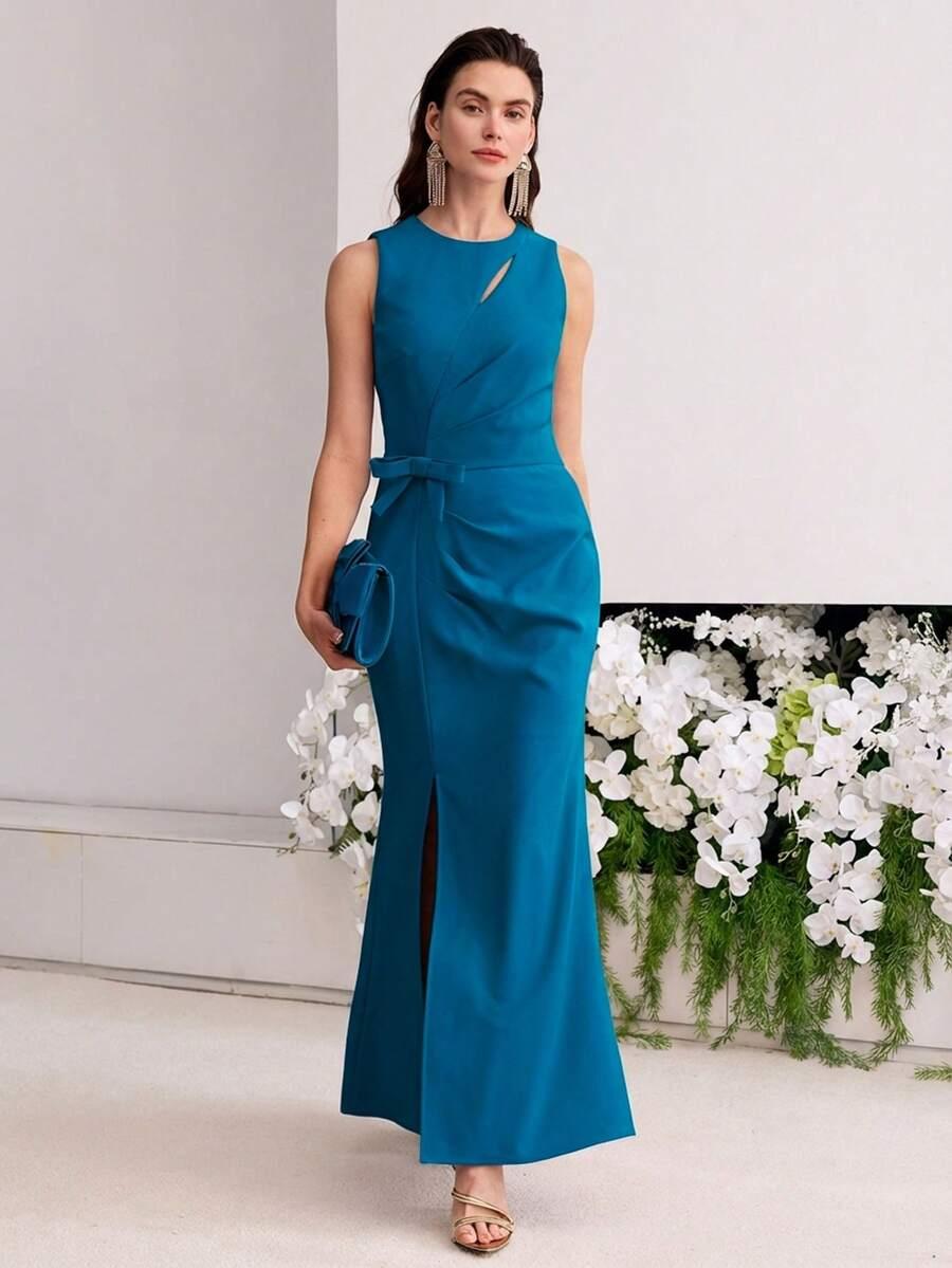 motf premium solid ruched bow waist split thigh dress