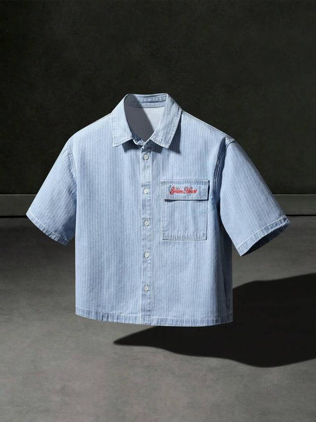striped embroidered blue denim short sleeve shirt
