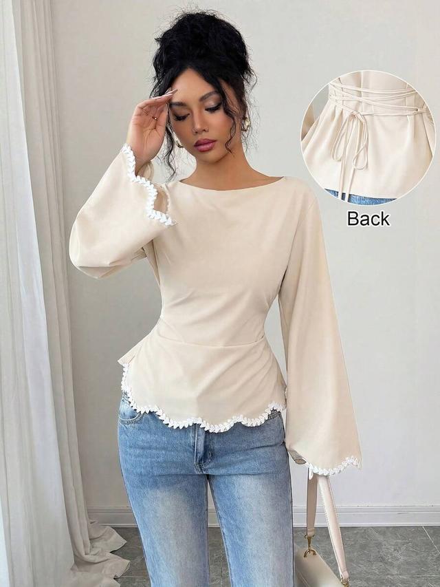 beige wavy heart woven trim ruched waist blouse