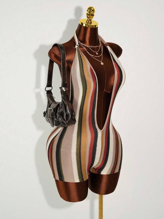 multicolored striped knit halter playsuit