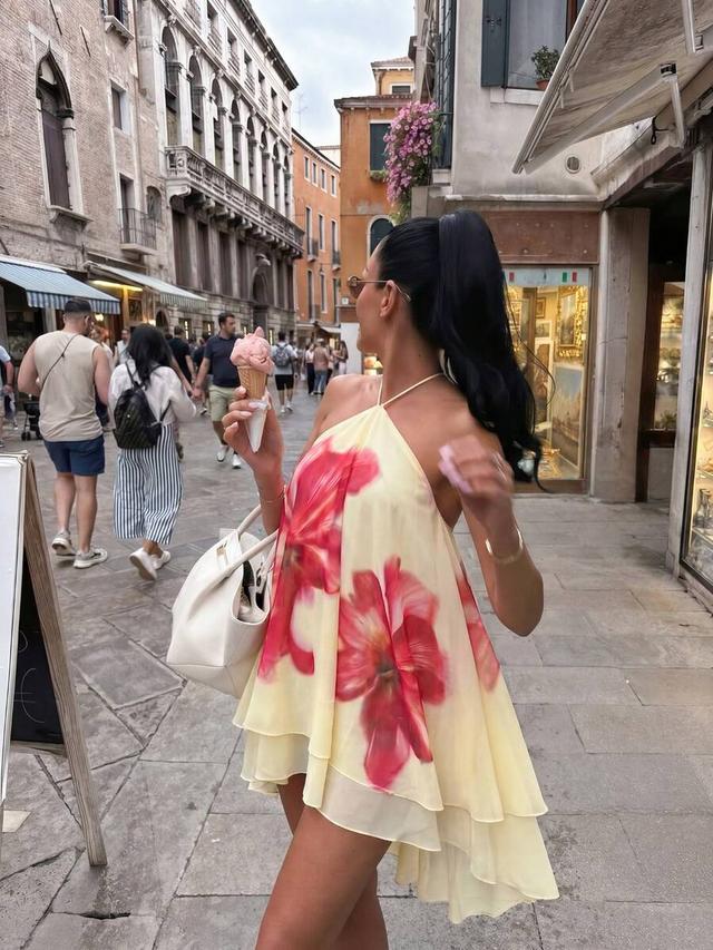 floral print layered chiffon halter mini dress