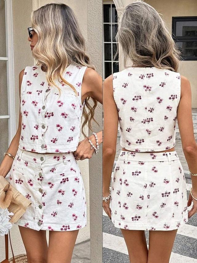 floral print sleeveless crop top and matching mini skirt