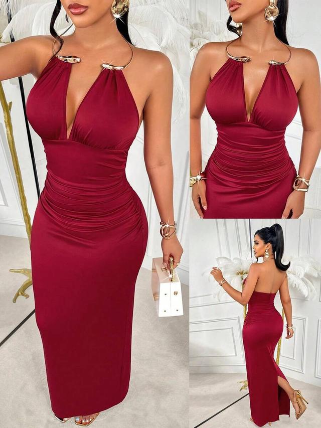 elegant burgundy deep v-neck fitted dress with metal strap