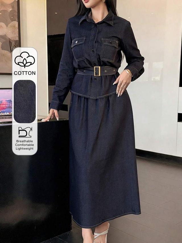 dazy women's casual denim collared top and skirt set