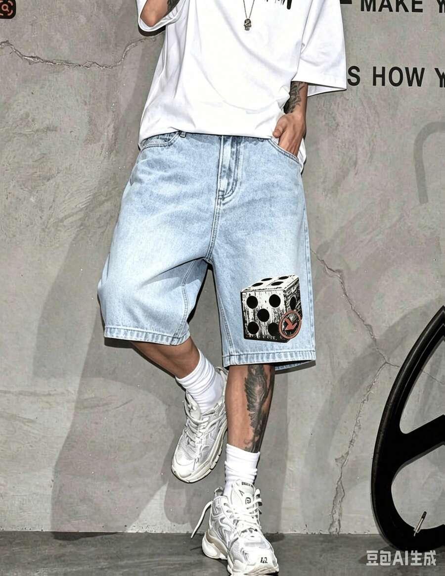 vintage dice arrow graphic print loose denim shorts