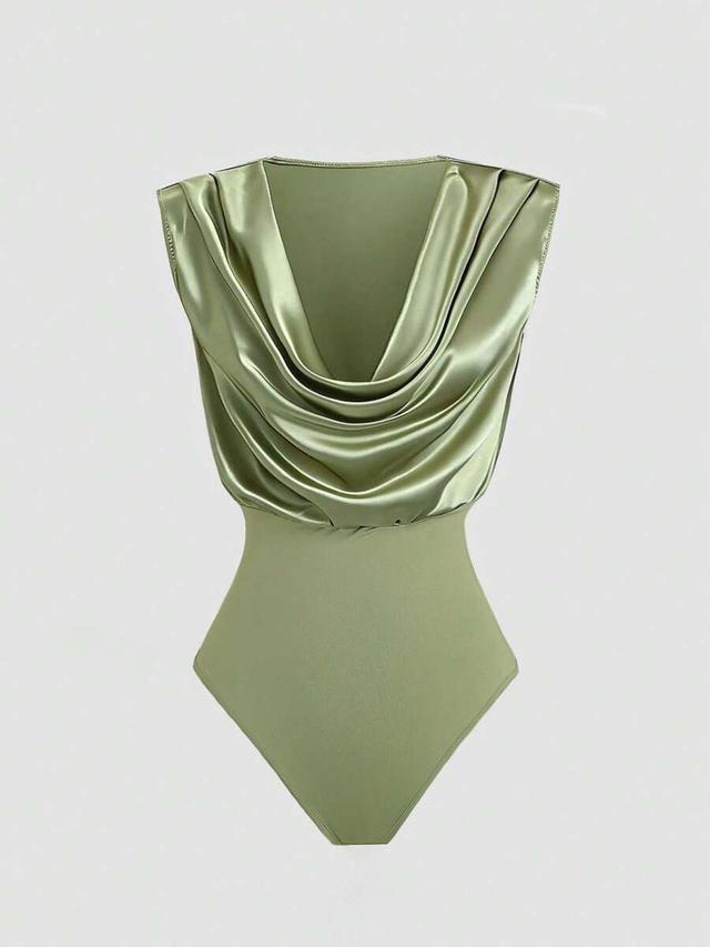 elegant sleeveless draped neck satin bodysuit in sage green