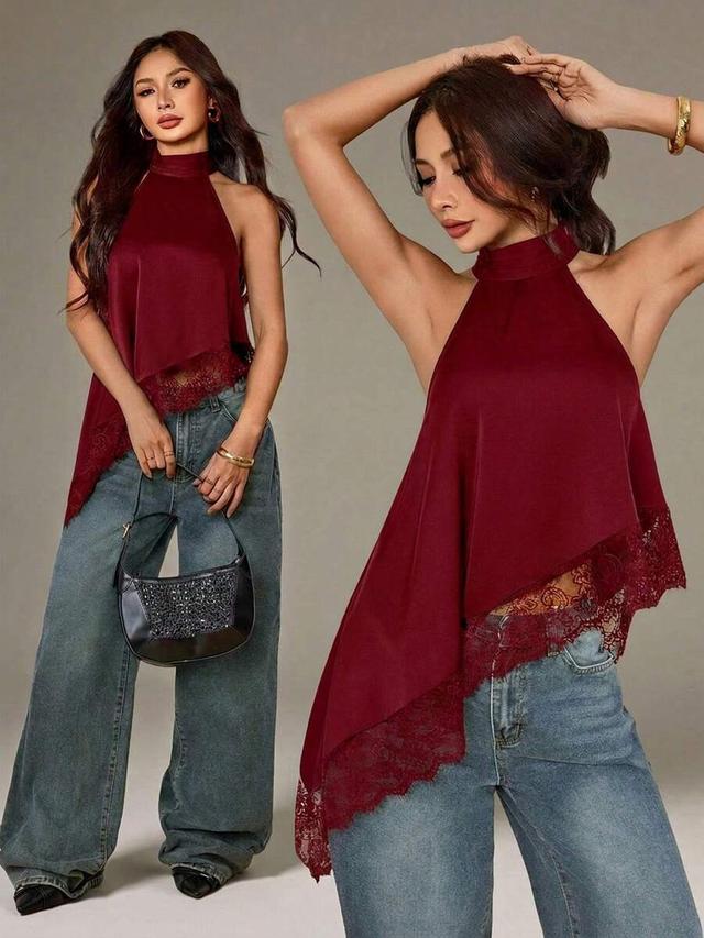 asymmetrical burgundy halter top with lace trim
