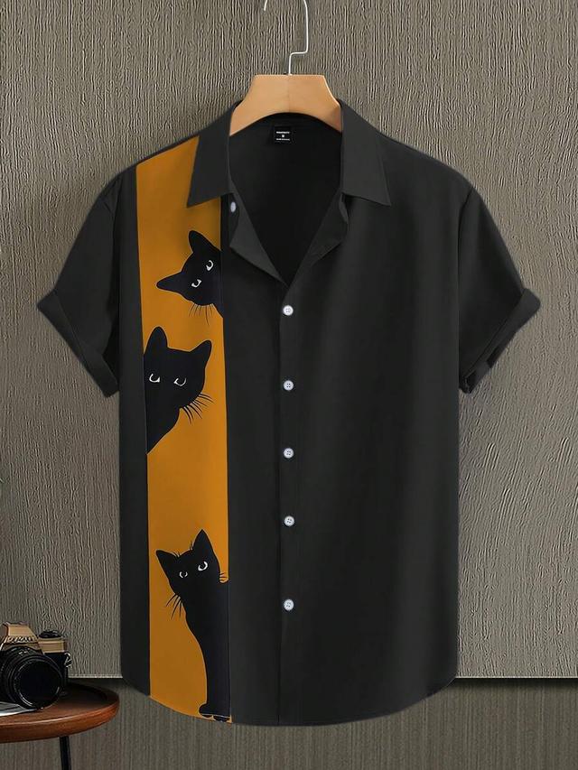 manfinity homme black short sleeve shirt with cat print