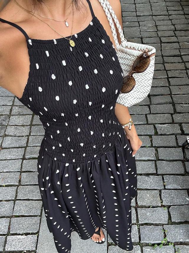 french retro black polka dot smocked halter dress