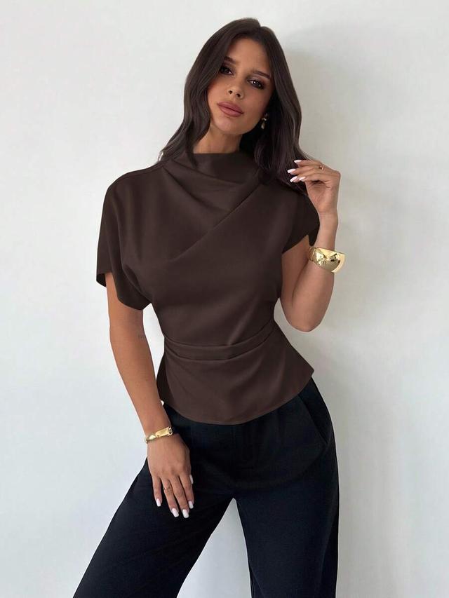 dark brown bamboo linen draped cowl neck blouse