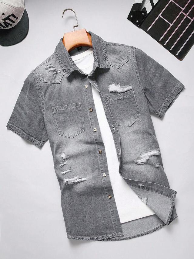grey denim ripped frayed short sleeve button up shirt