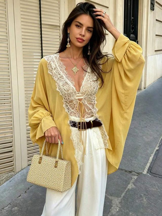 yellow minimalist contrast lace blouse