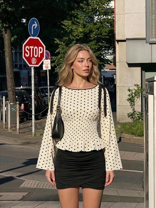 polka dot chiffon peplum blouse with tie shoulders