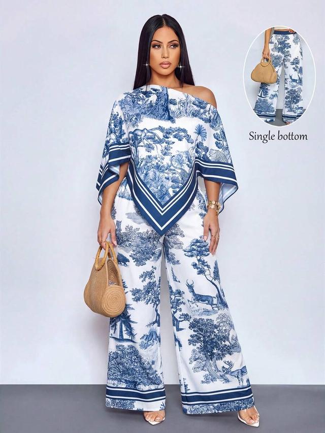blue and white toile print wide-leg trousers