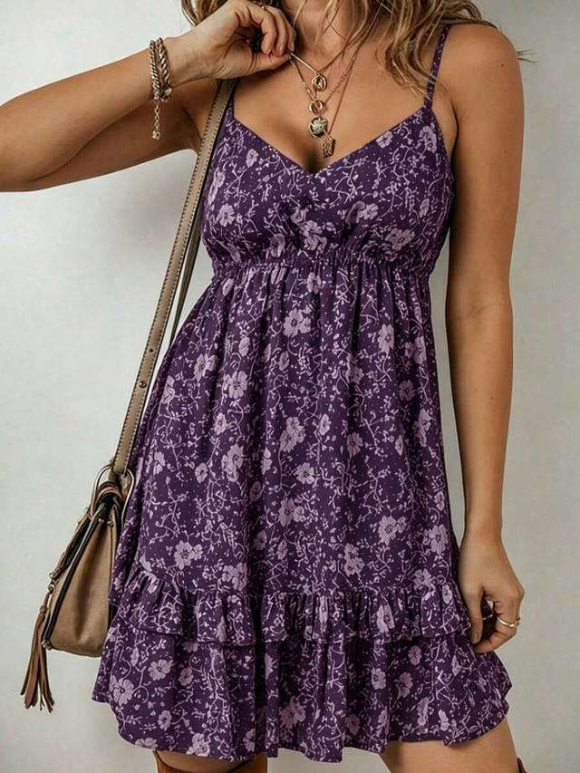 purple floral print spaghetti strap ruffle hem dress