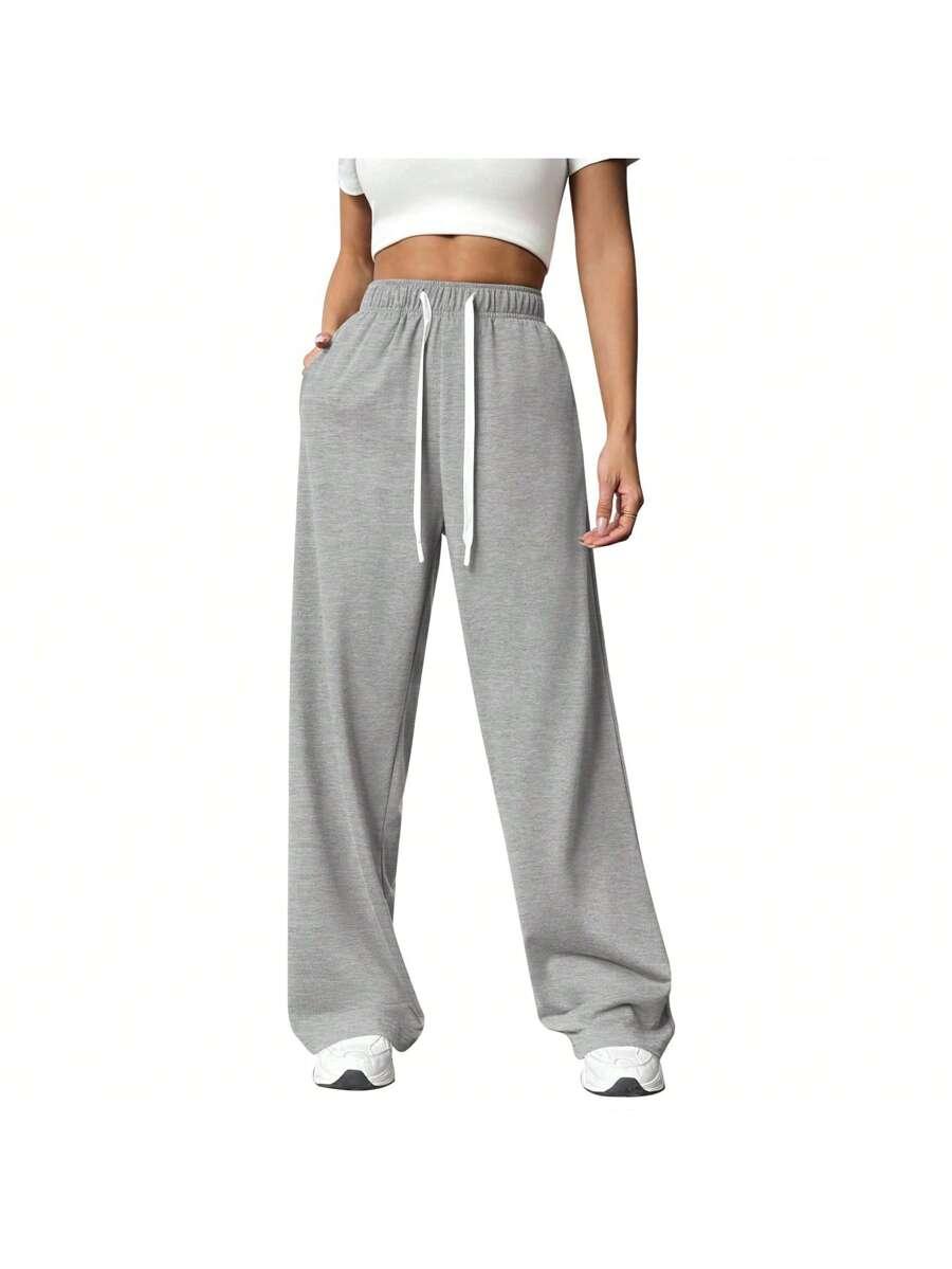 womens grey elastic waist wide leg lounge joggers
