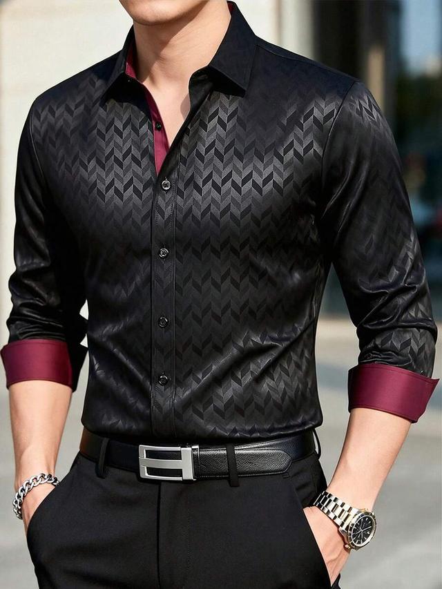 black geometric textured long sleeve dress shirt