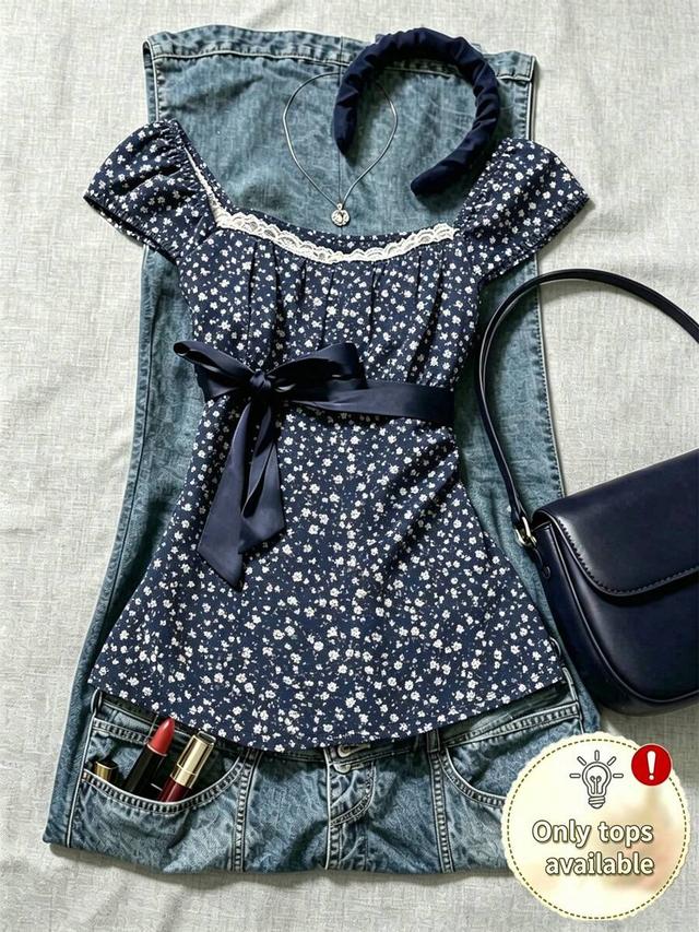 islasuriya navy blue polka dot square neck puff sleeve blouse