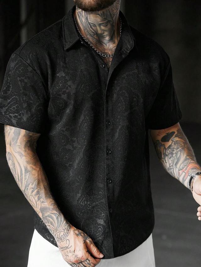 black paisley lace jacquard short sleeve button down shirt