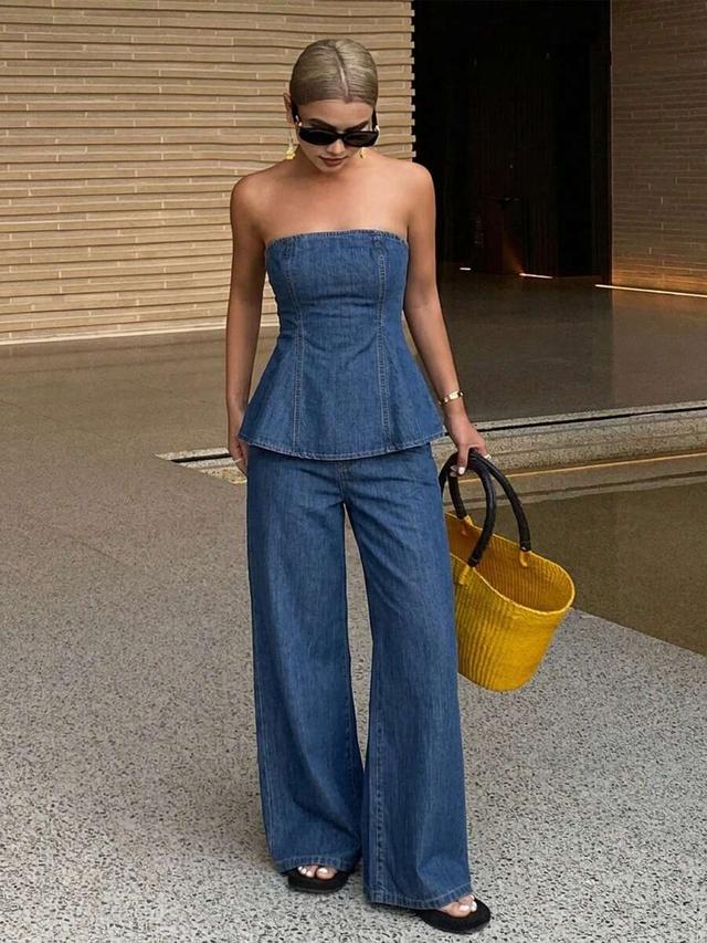 denim strapless peplum top and matching wide-leg trousers