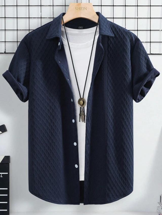 navy blue textured short sleeve casual shirt