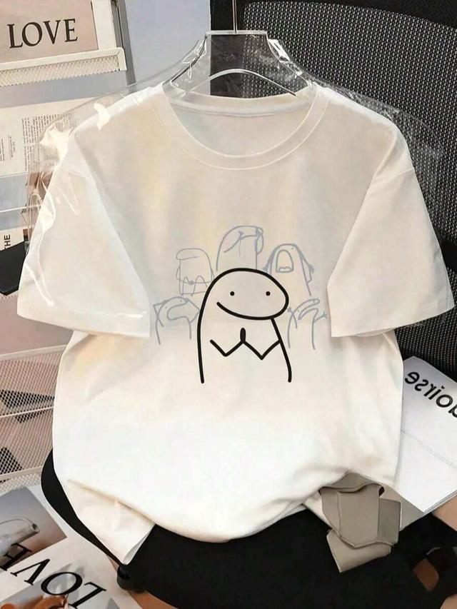 women's white crew neck short sleeve cartoon print t-shirt