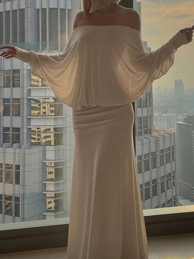 elegant solid color off-shoulder long sleeve dress