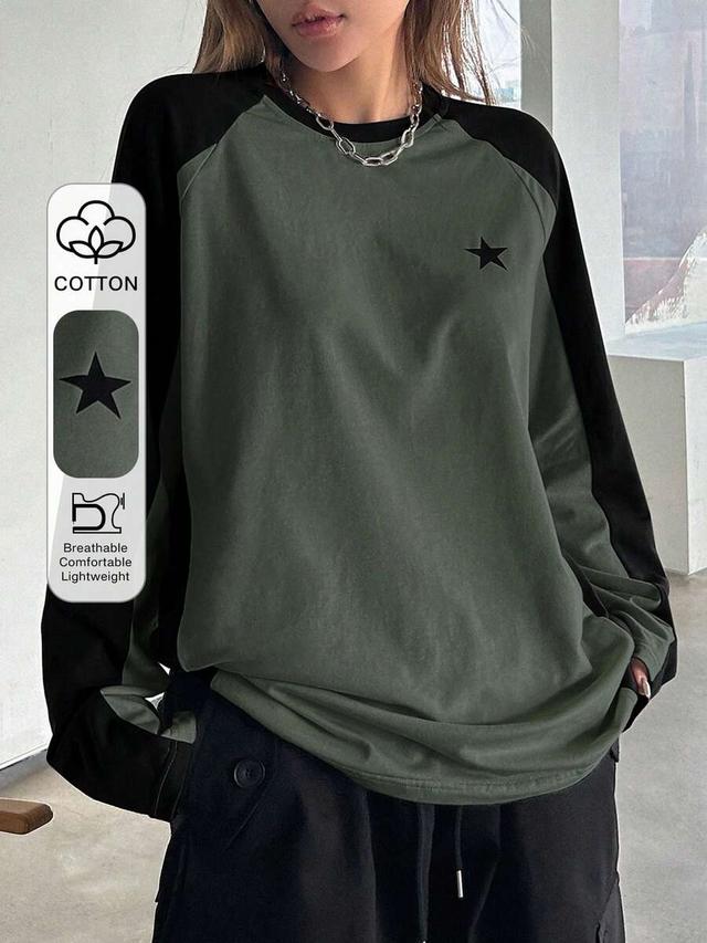 color block raglan sleeve cotton tee with star print