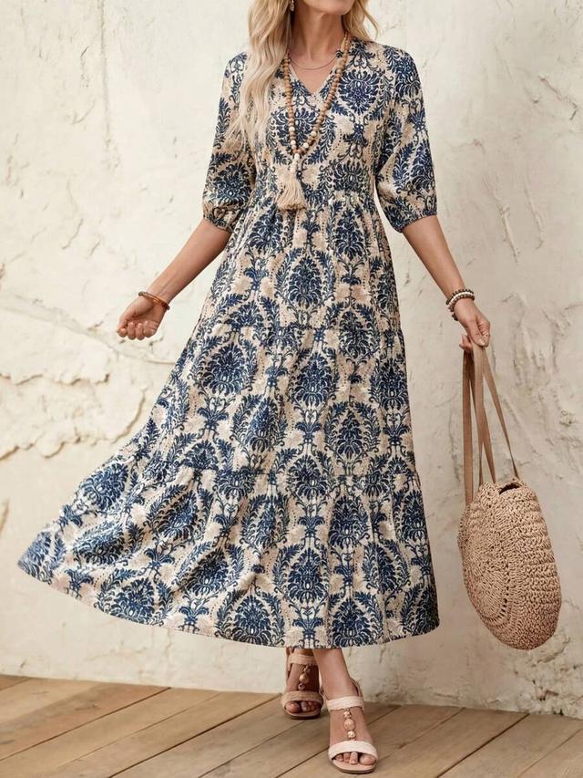 v-neck casual mid-length damask print tiered dress