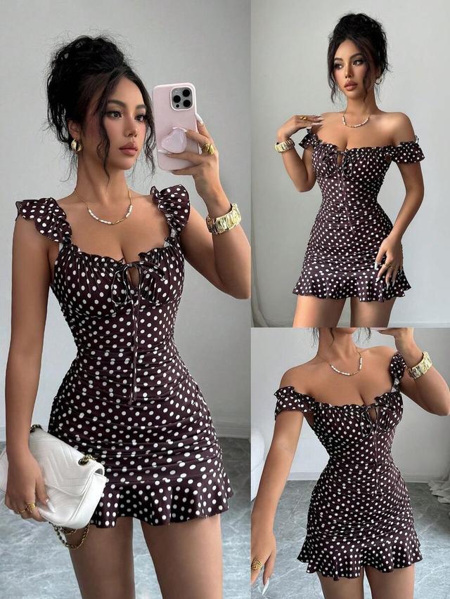 brown polka dot ruffle collar cap sleeve ruched dress