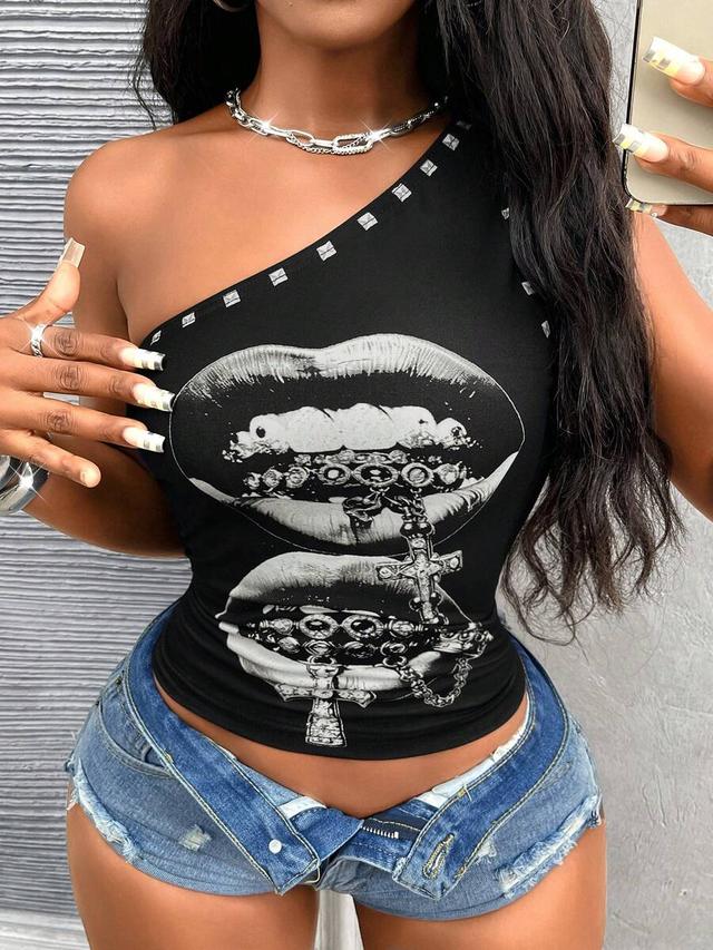 asymmetrical shoulder black graphic print club top
