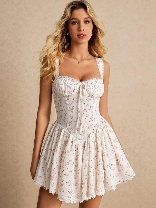 floral print milkmaid mini dress with lace trim