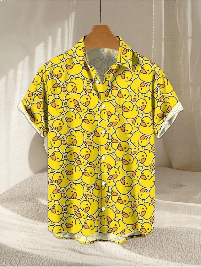 men's yellow duck printed short sleeve summer shirt