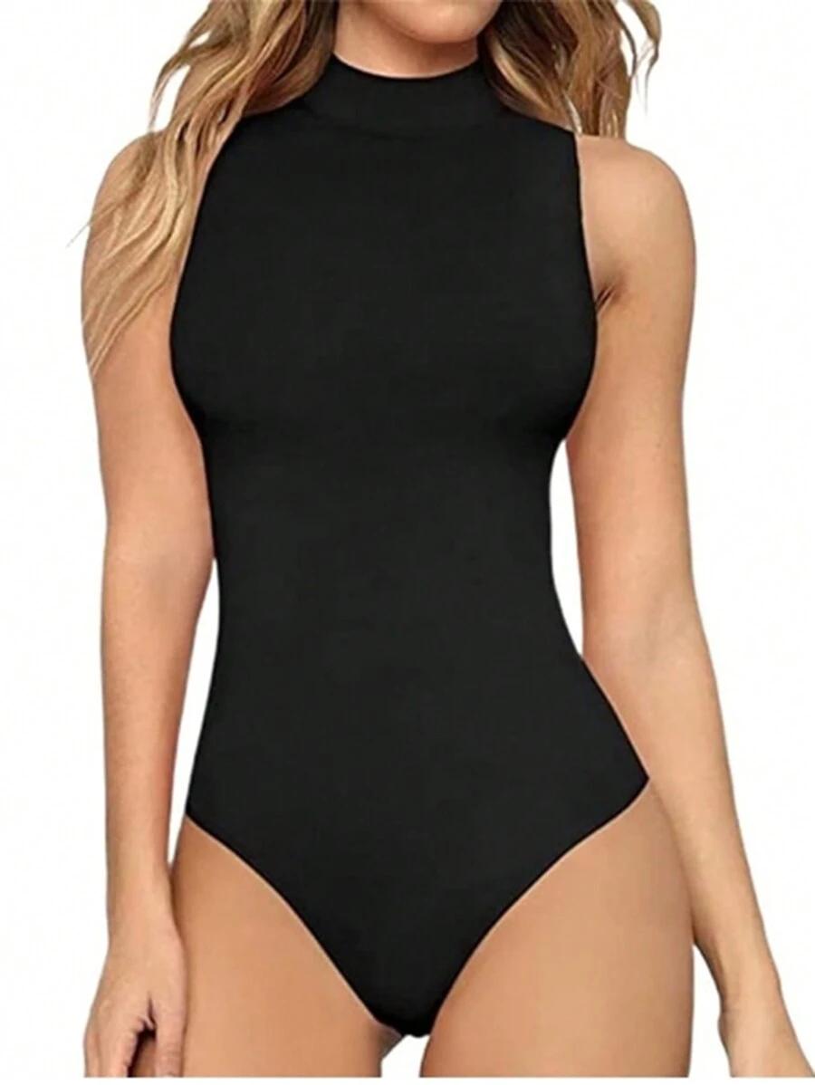 solid black mock neck sleeveless slim fit bodysuit