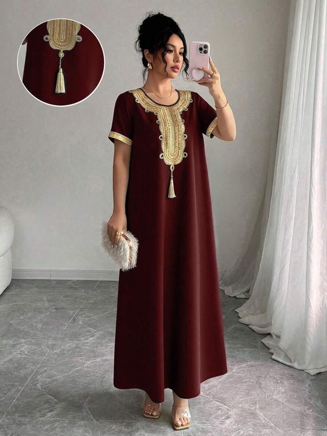 burgundy round neck raglan short sleeve gold lace dress