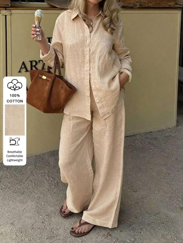 beige cotton linen blend collared long sleeve shirt