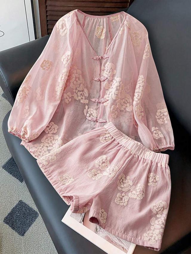 pink floral embroidered long sleeve shirt and shorts set