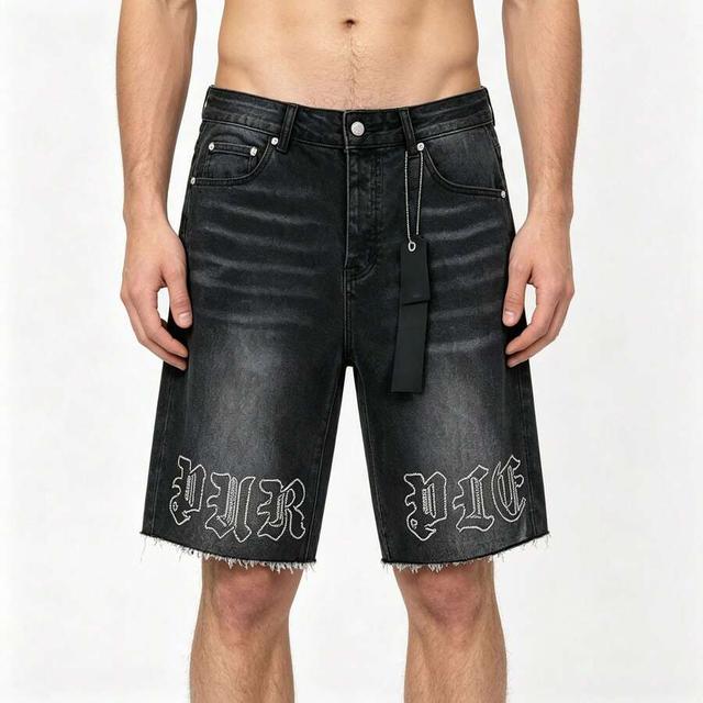 purple men's distressed denim shorts with graphic embroidery