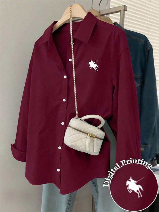 burgundy knight pattern single-breasted casual loose long sleeve shirt