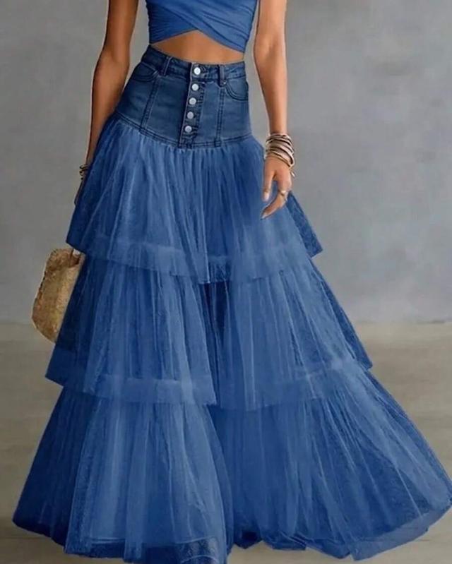 royal blue high waist denim and tulle tiered maxi skirt