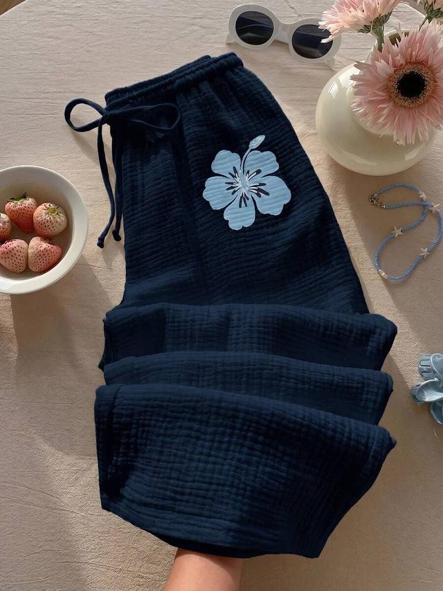 navy blue cotton drawstring wide leg beach pants