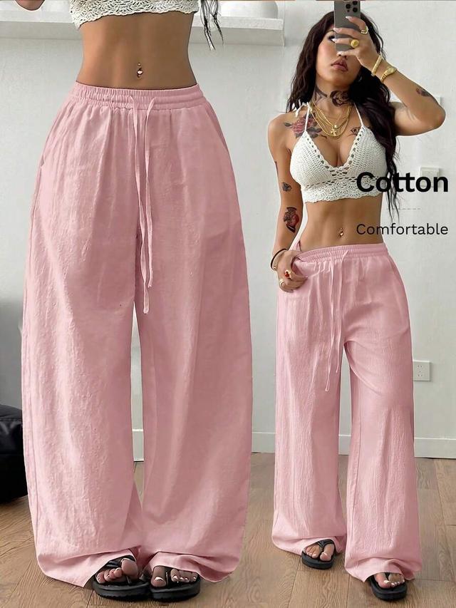 washed pink cotton drawstring wide leg casual pants