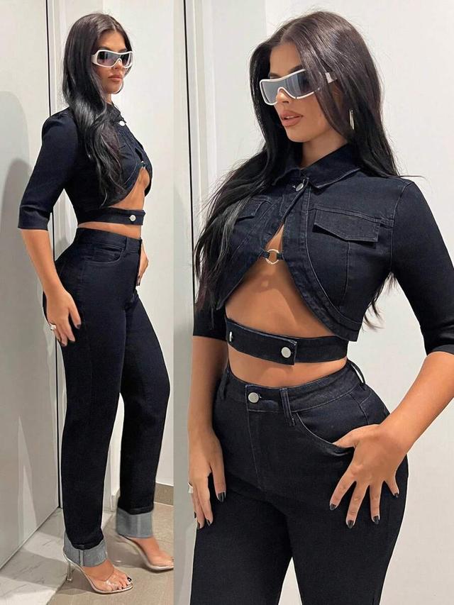 black denim cropped single-breasted short sleeve top