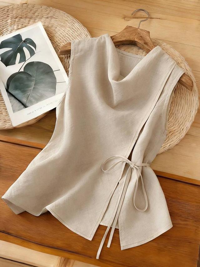 light beige asymmetrical tie waist sleeveless tank top