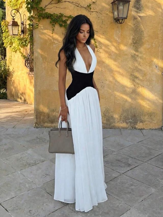 black and white color block halter neck a-line dress
