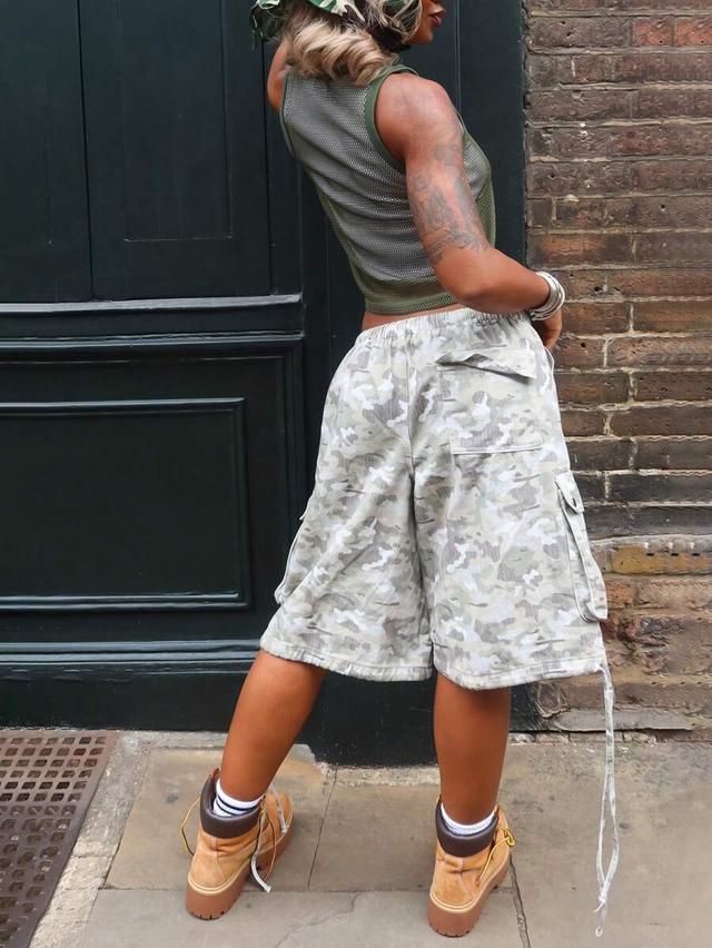 women's camouflage utility cargo shorts with drawstring waist