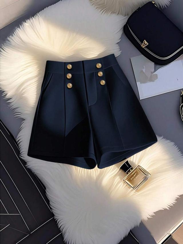 navy blue high-waisted tailored decorative button shorts