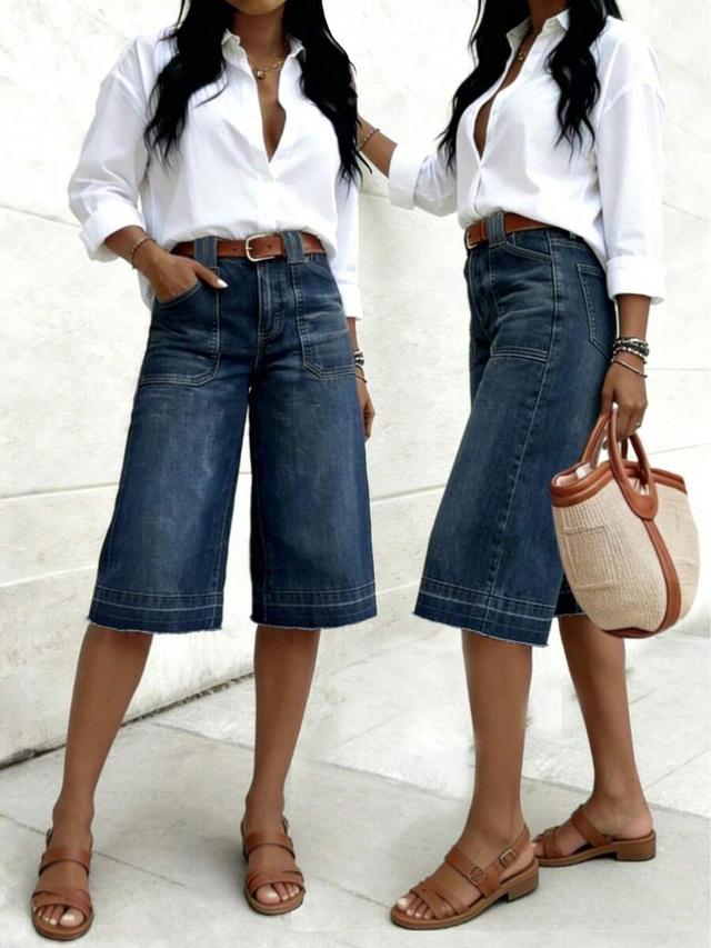 dark wash denim culotte shorts with patch pockets