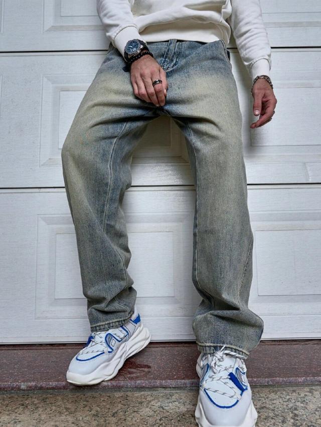 washed straight-fit grey denim jeans